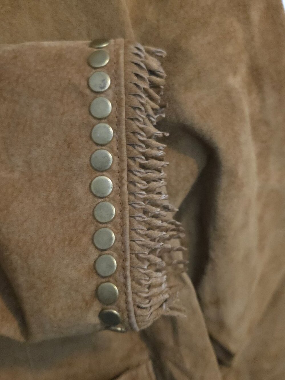 Double D Ranch Tan Brown Fringe & Studded Suede Leather Jacket - Woman's Size L - Picture 8 of 12